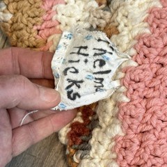 Vtg Hand Crochet Blanket Afghan Throw Pink Gray Brown Multicolor 59”x49”Signed