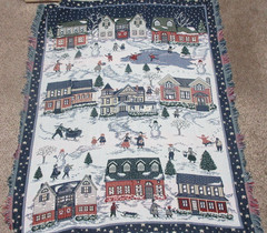 This item is a vintage woven tapestry holiday throw blanket featuring a nostalgi