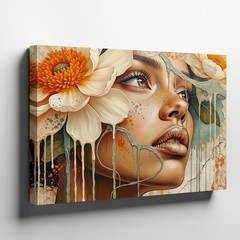 Surreal Female Portrait Canvas Art with Large Flowers and Dripping Paint Effects