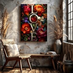 Wall Art Floral LOVE Letter Print Romantic Flower Butterfly Vertical Home Decor