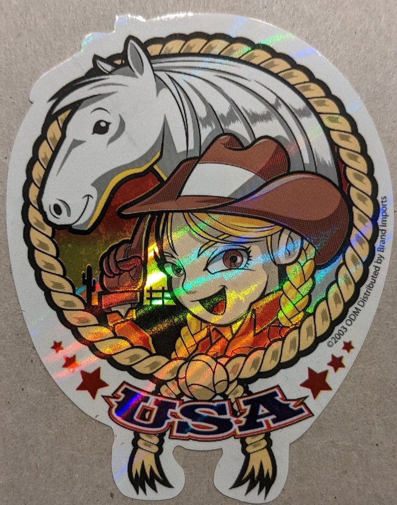 2003 Y2K ODM ZUM Brand Imports Prism Holo Girl Power Vending Sticker, USA Horse