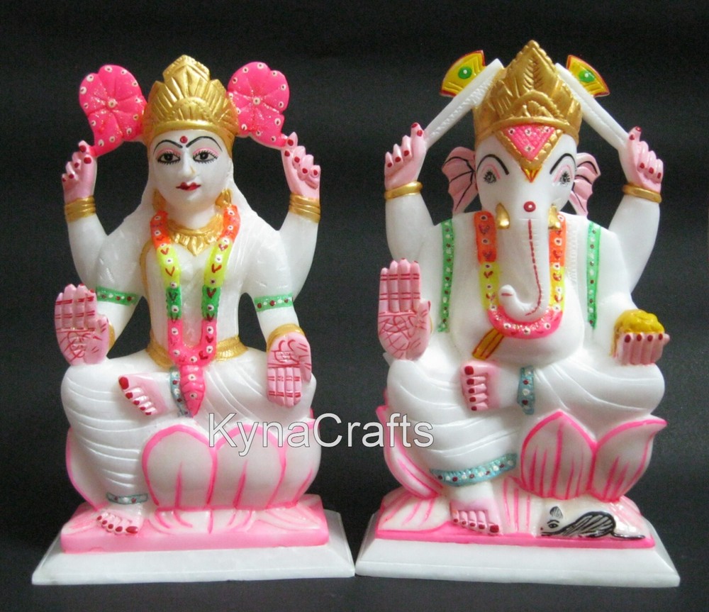 Handpainted Lord Ganersha Goddess Lakshmi Ji Figurine for Diwali Pooja 9 Inches