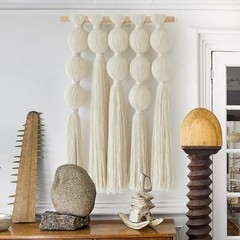 Flber Macrame Wall Hanging with Geometric Yarn Spheres, Handwoven Cotton Tass…