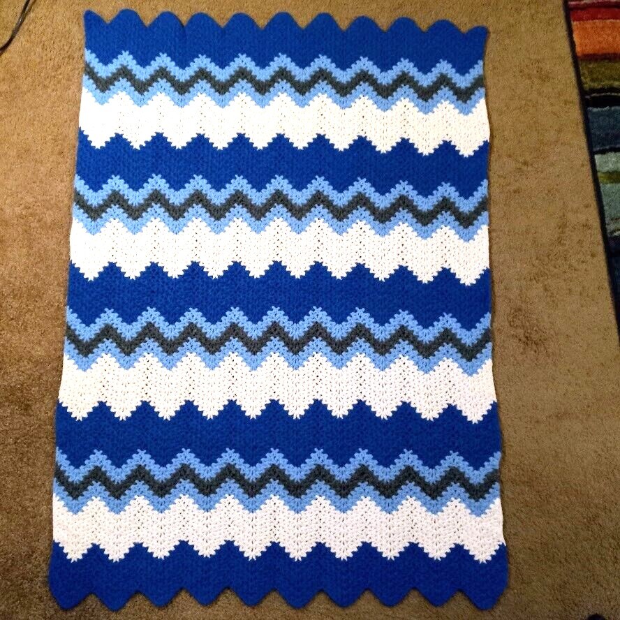 Afghan Throw Handmade ZigZag Blues Gray White Easy Care 42″ x 52″ Medium Weight