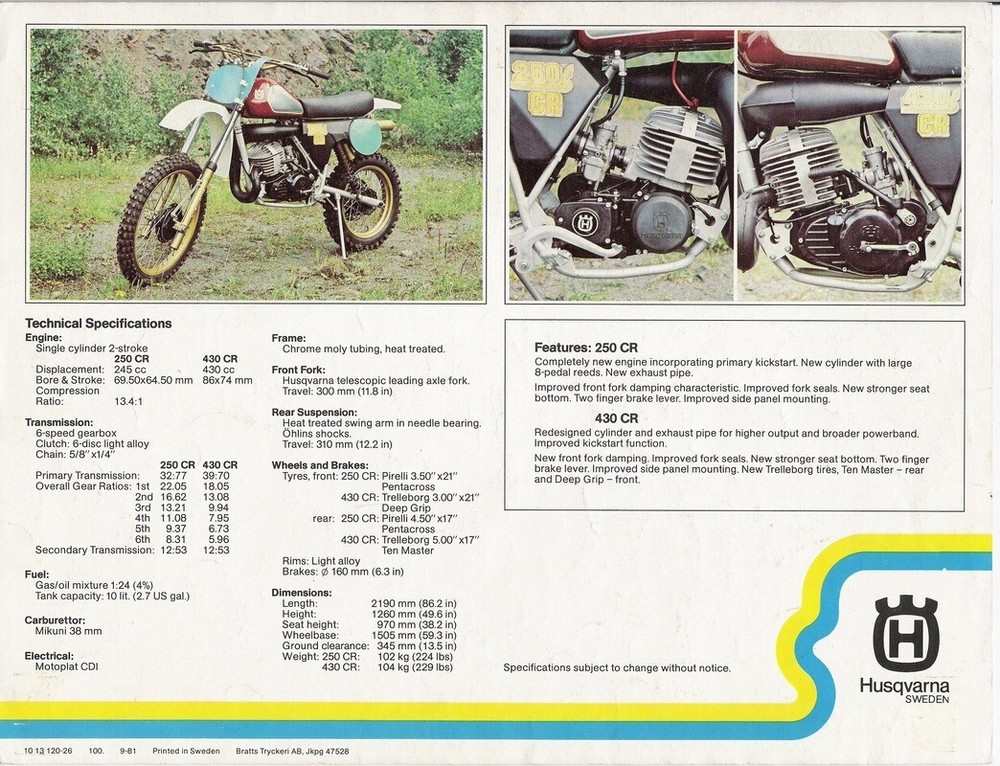 1981 Husqvarna 250CR 430CR Specs Motocross Motorcycle POSTER 24 X 36 INCH Sweet!