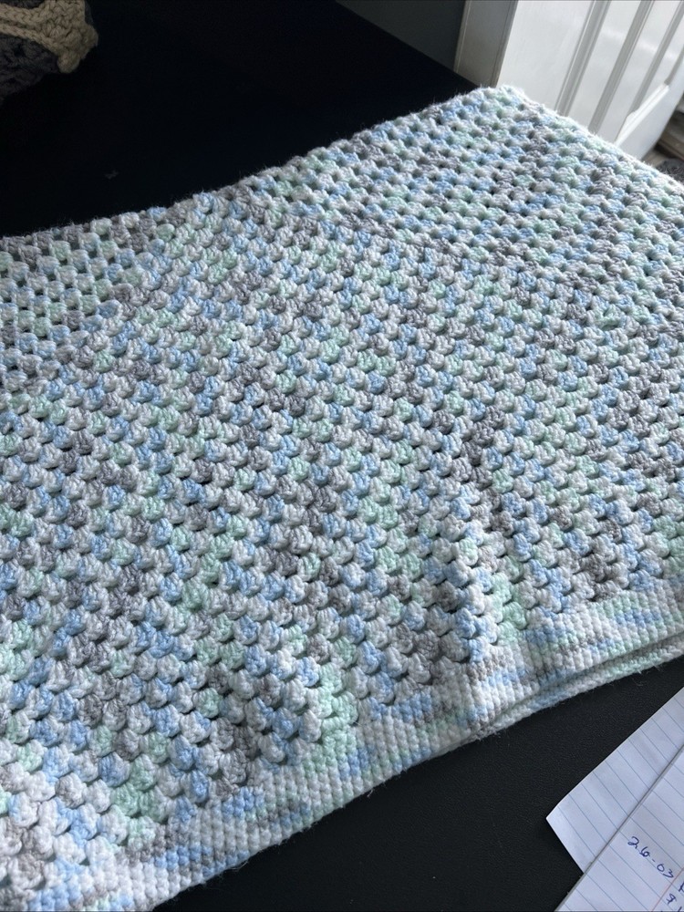 Handmade Crochet Multicolor Bed Throw Blanket Blue Gray White Green