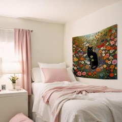 Black Cat Wildflower Tapestry Floral Field Wall Hanging Home Decor 50×60 In