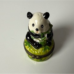 Vintage Panda Bear Ceramic Hinged Trinket Box Porcelain Bamboo Figurine