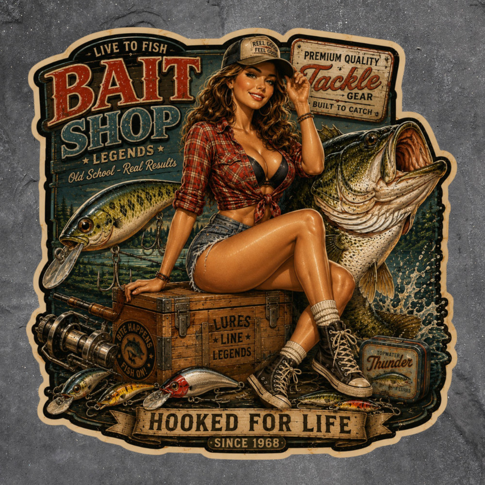 Fishing Sticker Vinyl Decal Bait Shop Bass Fishing Tackle Pinup Girl Lure