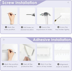 Key Holder Wall Mount, Compact Adhesive Key Rack with Tray, 6 Hooks, 2 Mount Opt