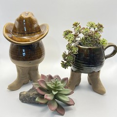 VTG 1981 Five Bridges Art Pottery Cowboy Boot Mug, Hat Vessel Set Western Whimsy