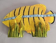 2 Metal Fish Sculptures Seagrass Base 15″ Yellow Tiger Stripe 14″ Red Angelfish