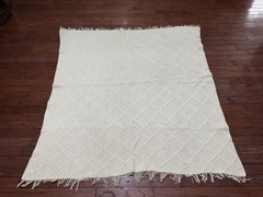 Vintage Granny Knitted Cream Fringe Throw Blanket Knit Beige 65 X 62“ ￼
