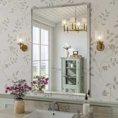 Beveled Wall Mirror Rectangle Bathroom Vanity Mirror Frameless Shatterproof Deco