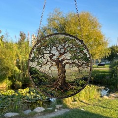 Mighty Oak Painted Stained Glass Suncatcher, Window Hanging Decor, Tree of Life