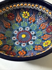 Traditional Turkish Iznik Handmade Ceramic Raised Flower Cobalt blue Bowl 5”x 2”