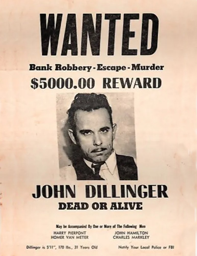Wanted Poster John Dillinger $5000 Reward 8.5 x 11 Collectable Digital Print