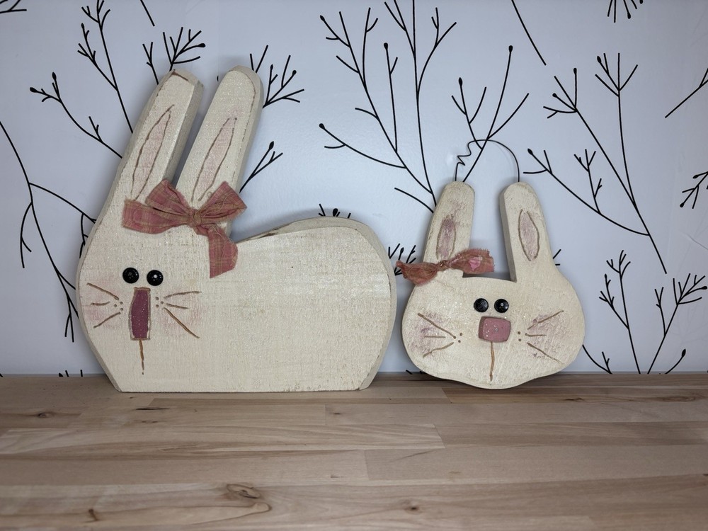 Rustic Handmade Wood Bunny Figurines Set of 2 with Pink Bows Easter Decor Cute
