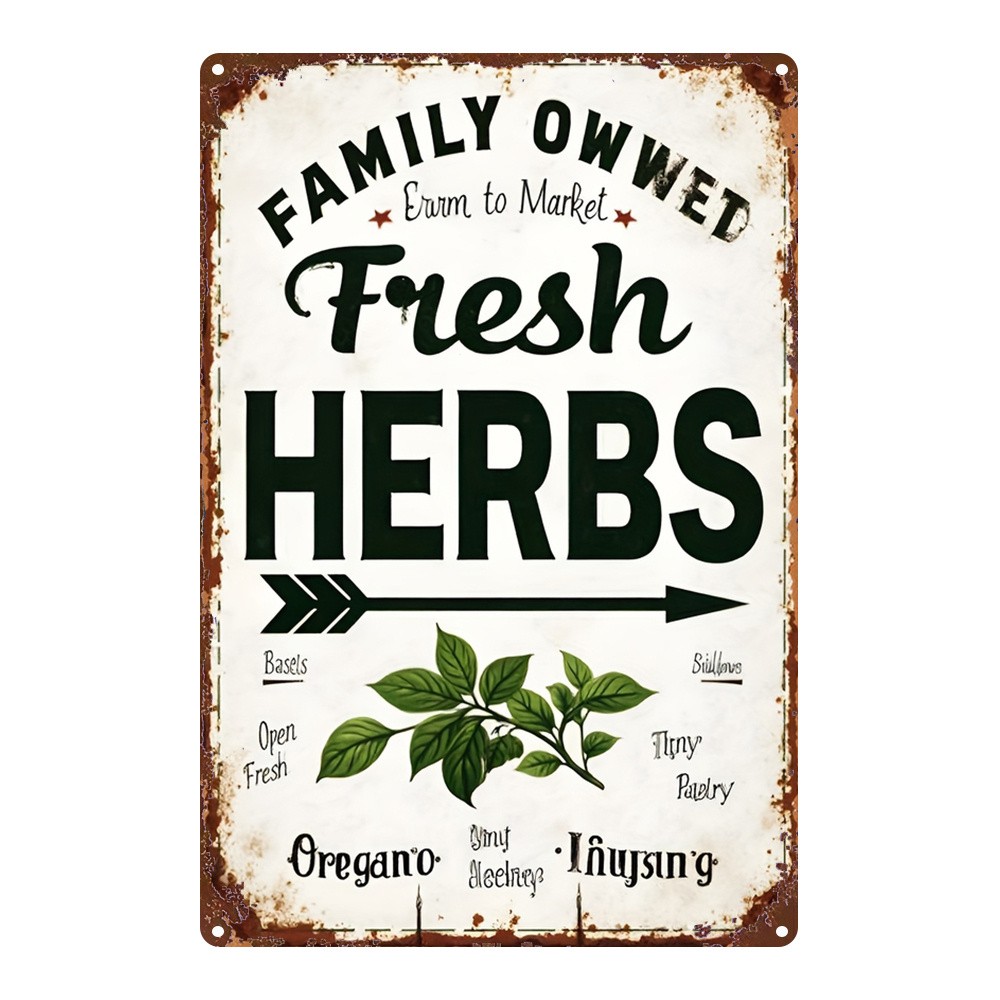 Vintage Fresh Herbs Metal Sign «Family Owned» Retro Farmhouse Kitchen Decor