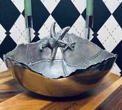 Large Sculptural Coastal Pewter Bowl| Silver-toned Centerpiece| Irregular Rim