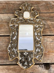 Vintage Floral Black & Gold Reverse Painted Small Wood Mirror SMALL CRACK 11.5″