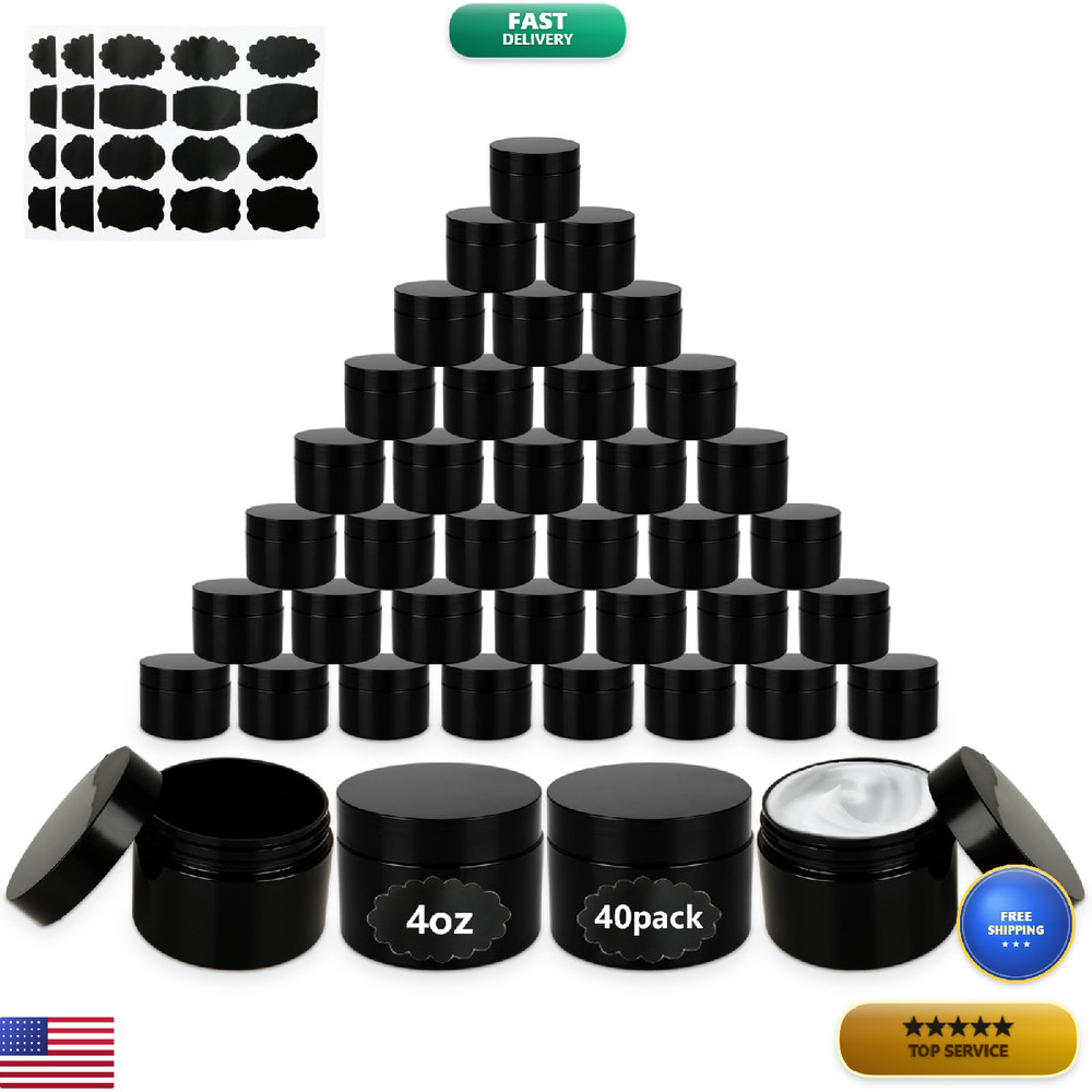 Acrux7 40 Pack 4 Oz Black Plastic Jars Small Round Cosmetic Cream Jars Lids