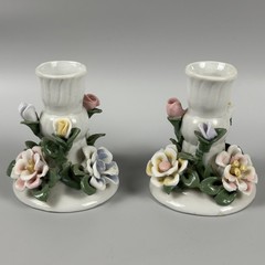 Vintage Ceramic Floral Candlestick Holders Set of 2 Pastel Flowers Made in China