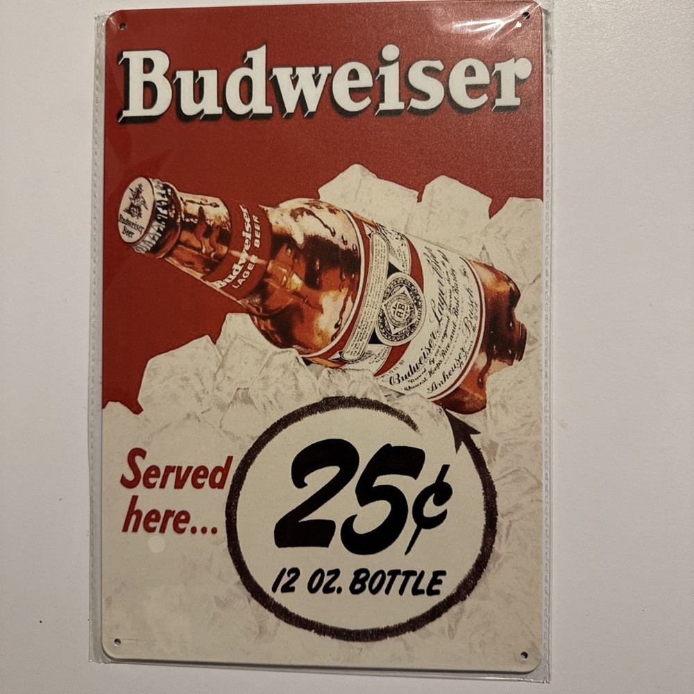 Budweiser Served Here 25 Cent Bottles Decorative Metal Tin Sign 12×8 Beer