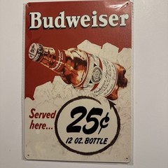 Budweiser Served Here 25 Cent Bottles Decorative Metal Tin Sign 12×8 Beer