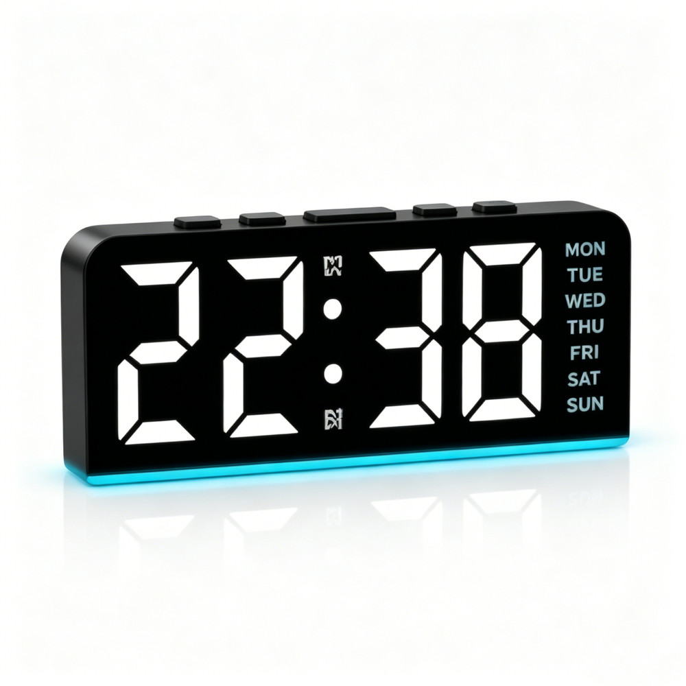 LED Digital Clock Date Temp Ambient Light Dual Alarm Smart Desktop Black Blue