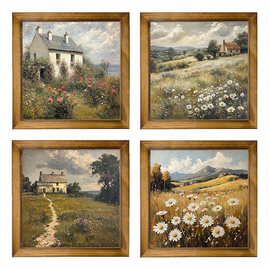 4Pcs Rustic Farmhouse Wall Art Set Framed Country Cottage Daisy Field Home Decor