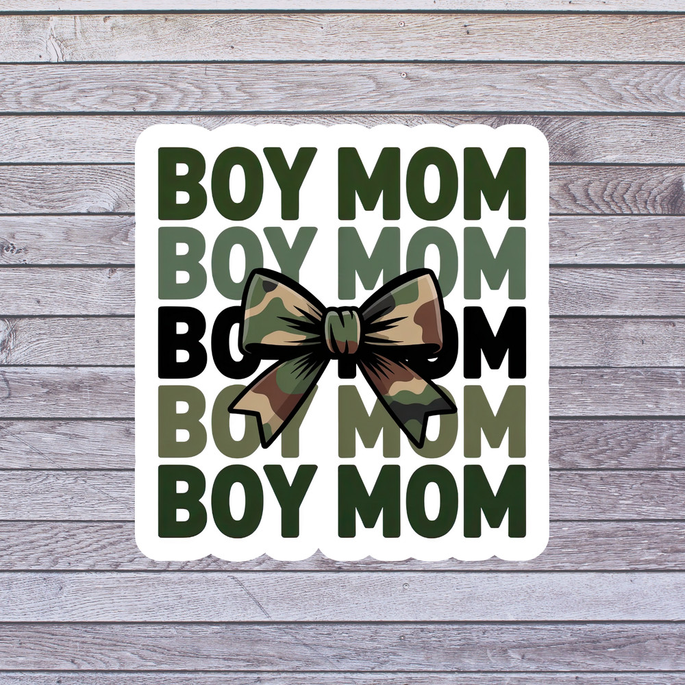 Boy mom sticker vinyl decal camouflage bow repeating typography design