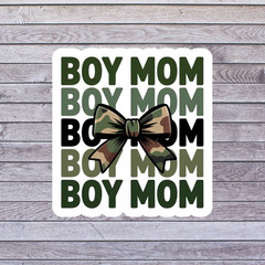 Boy mom sticker vinyl decal camouflage bow repeating typography design
