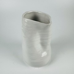 Glazed White Asymmetrical Ceramic Vase Farmhouse Pinched Sides 6” Tall