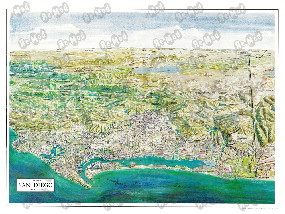 San Diego SD Southern California Panoramic Map Poster Art Print Wall Aerial