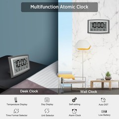 WallarGe Atomic Clock with Outdoor and Indoor Temperature – 12.5 Inch Self-Setti