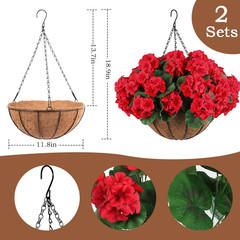 2 Set Artificial Red Geraniums Flowers for Outdoors with Hanging Baskets, 2 Hang