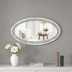 Oval Wall Mirror 36″x23″, Frameless Crystal Accent Mirror with Crushed Diamond
