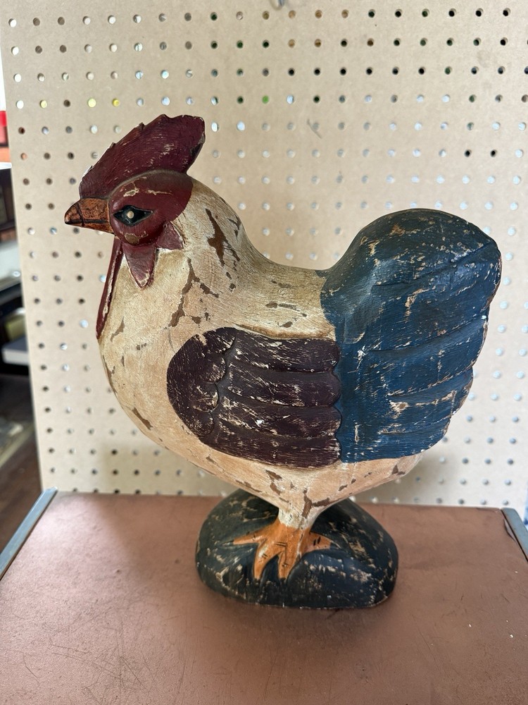 Primitive Heavy Wooden Rooster Hand Painted Hand Carved 12″ Tall