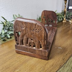 Wood Elephant Bookends Brown Carved Expandable Sliding Indian Floral Tabletop