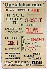 TWO 8×12 TIN SIGNS Kitchen rules clean manners coffee cow face funny mom mother