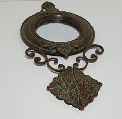 Metal Baroque Style Round Wall Mirror Green Patina Ornate Regency 18” Long