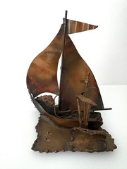 Signed W.Watts (?) 1981 Copper Sailboat Sculpture Brutalist Nautical Art