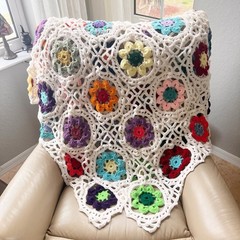 Colorful Fancy Granny Square w/ White Border Crochet Afghan Blanket Throw 50×100