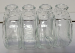 4 DECORATIVE CLEAR GLASS ROUND BOTTLES APOTHECARY 4 INCHES HOLDS 4 OZS