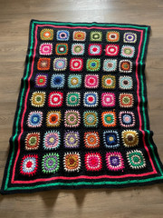 Granny Square Afghan Hand Crochet Multi-Color Black Throw Blanket 54″ x 40″