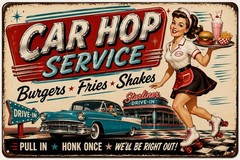 1950s Car Hop Service Metal Tin Sign Drive-In Diner Burgers Fries Shakes 8×12