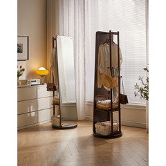 Freestanding Solid Wood Rotating Full Length Mirror Clothes Rack Storage Shelves