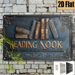 NEW Flat 2D 8×12 Rustic «Reading Nook» Iron Metal Sign w Vintage Books Graphic