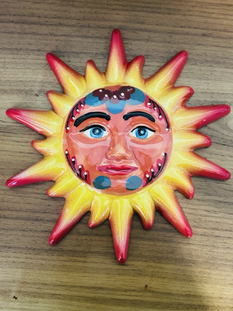 Colorful Ceramic Sun Face Wall Plaque Hand Painted Boho Folk Art Decor